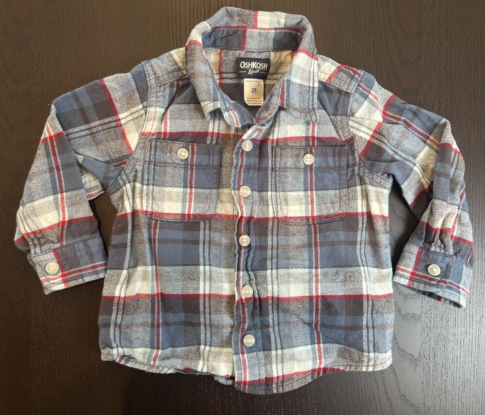 OshKosh B'gosh Toddler Boys Plaid Flannel Shirt Size 2T 100% Cotton